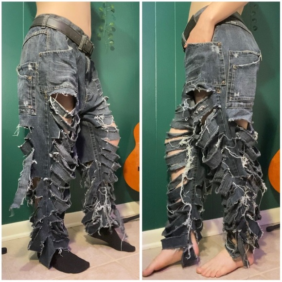 SOLD - APOCALYPSE Extremely Distressed Baggy 6 Pocket Denim Jeans D.I.Y - Picture 5 of 10